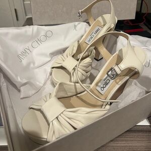 Jimmy Choo Heloise 120 “Latte Nappa Leather Platform Sandals”
